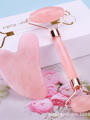 Pink Crystal Jade Roller Scraping Plate Facial Beauty Jade Roller Crystal Scraping Plate Massage Set